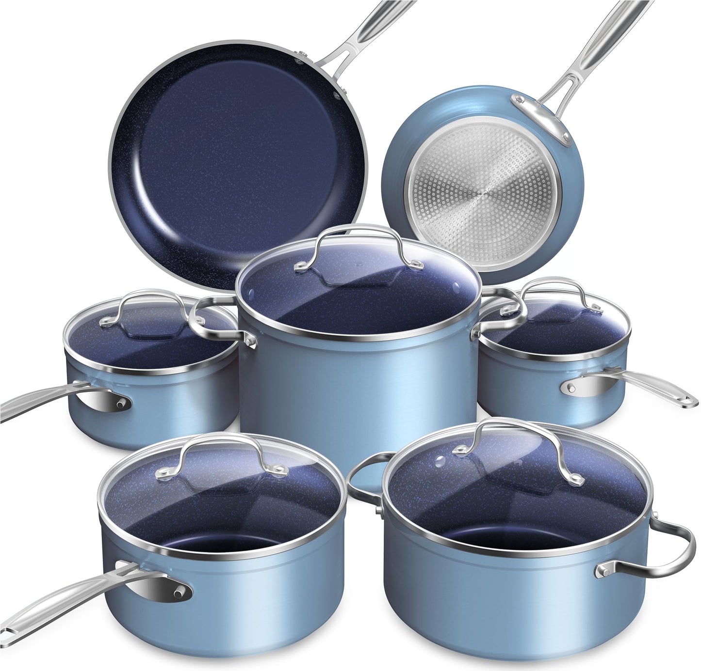 Nuwave Healthy Duralon Blue Ceramic Nonstick Cookware Set, Diamond Infused Scratch-Resistant, PFAS Free, Dishwasher & Oven Safe, Induction Ready & Evenly Heats,Tempered Glass Lids & Stay-Cool Handles