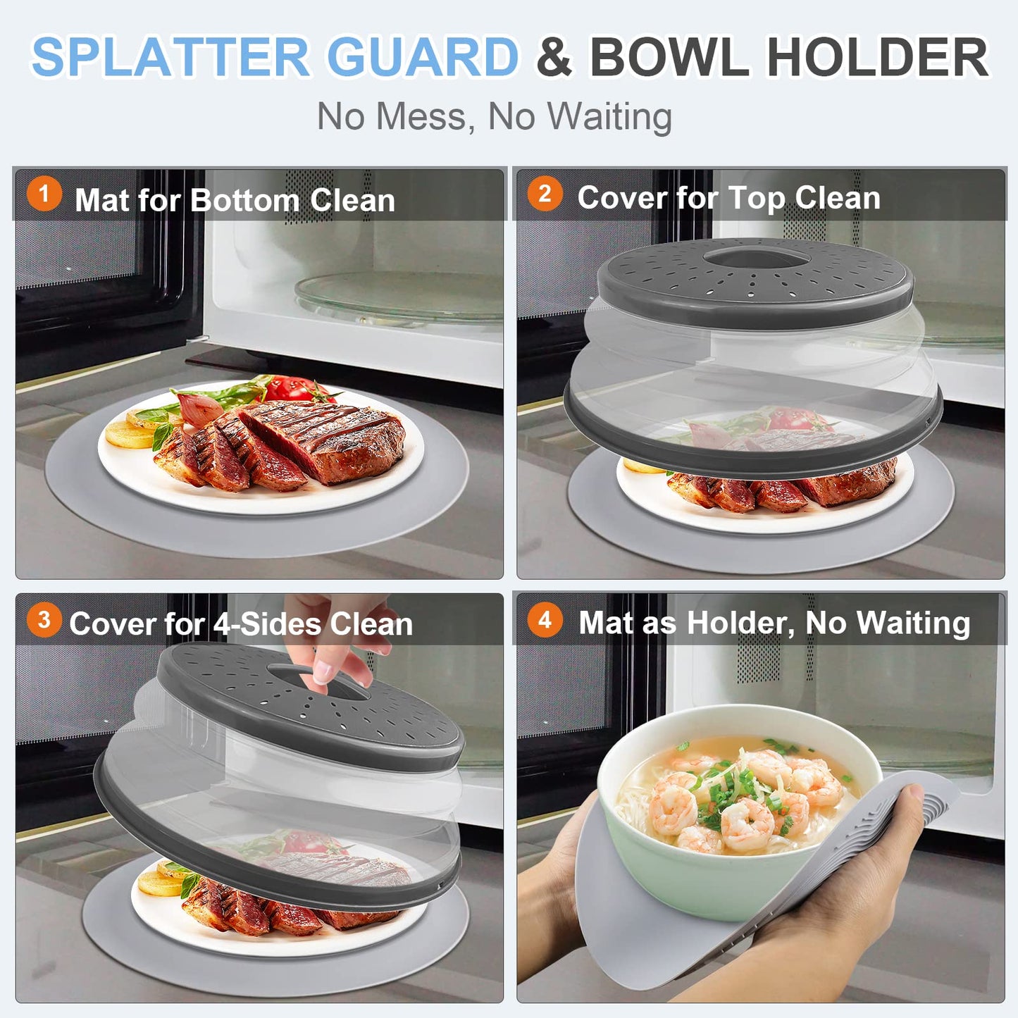 10 Inch Microwave Food Cover & Collapsible Silicone Mat - Splatter Guard, Plate Holder & Kitchen Colander for Meal Prep, Charcoal