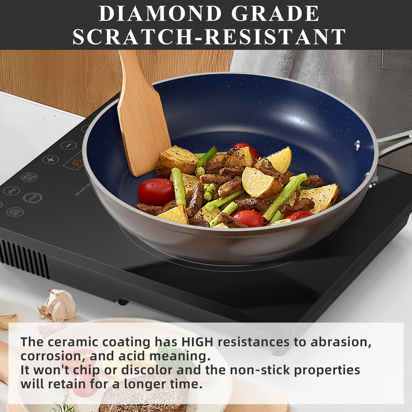 Nuwave Healthy Duralon Blue Ceramic Nonstick Cookware Set, Diamond Infused Scratch-Resistant, PFAS Free, Dishwasher & Oven Safe, Induction Ready & Evenly Heats,Tempered Glass Lids & Stay-Cool Handles