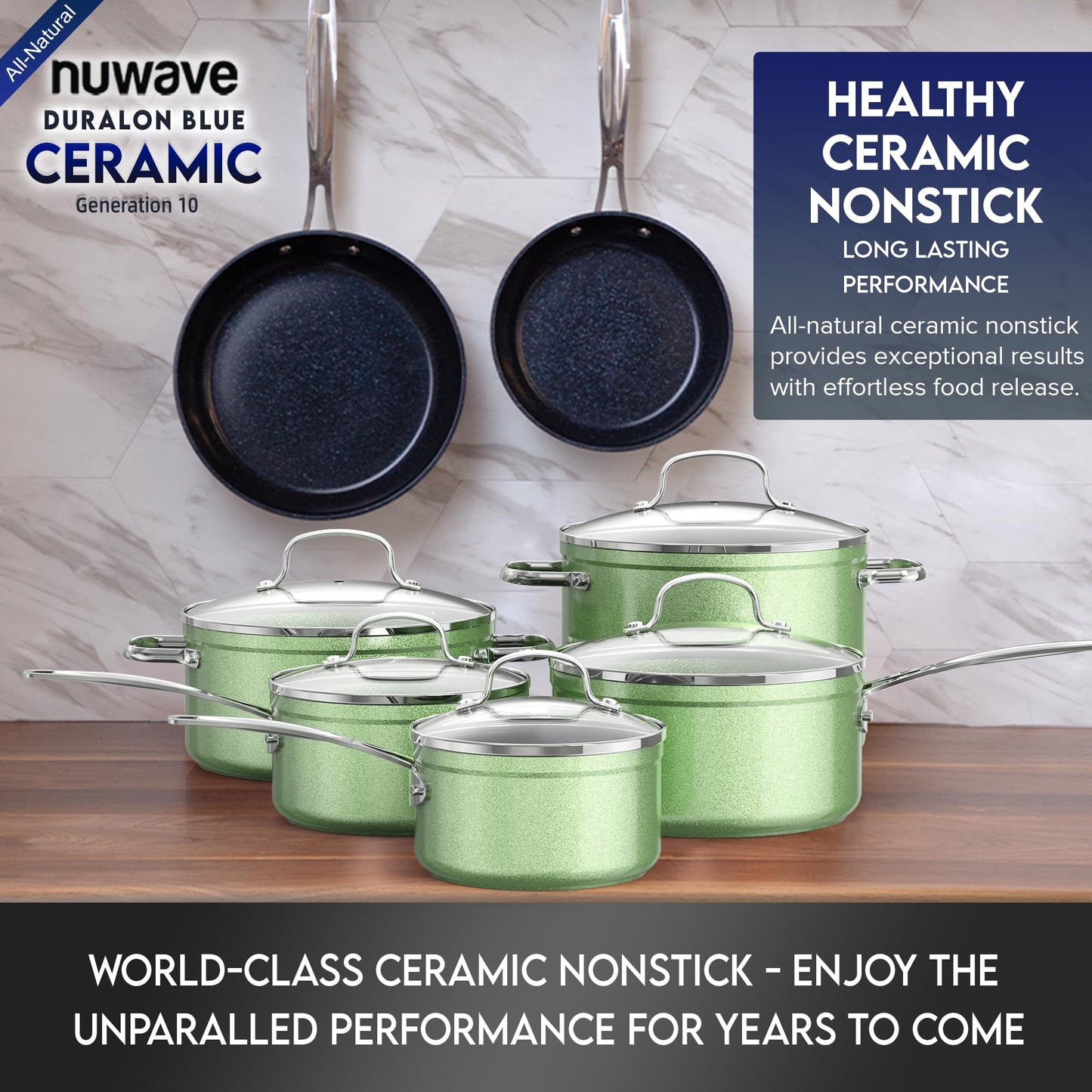 Nuwave Healthy Duralon Blue Ceramic Nonstick Cookware Set, Diamond Infused Scratch-Resistant, PFAS Free, Dishwasher & Oven Safe, Induction Ready & Evenly Heats,Tempered Glass Lids & Stay-Cool Handles