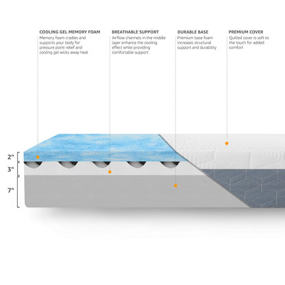 Amazon Basics Cooling Gel-Infused, Medium-Firm Memory Foam Mattress, CertiPUR-US Certified - Queen Size, 80 x 60 x 12 inches, White/Gray