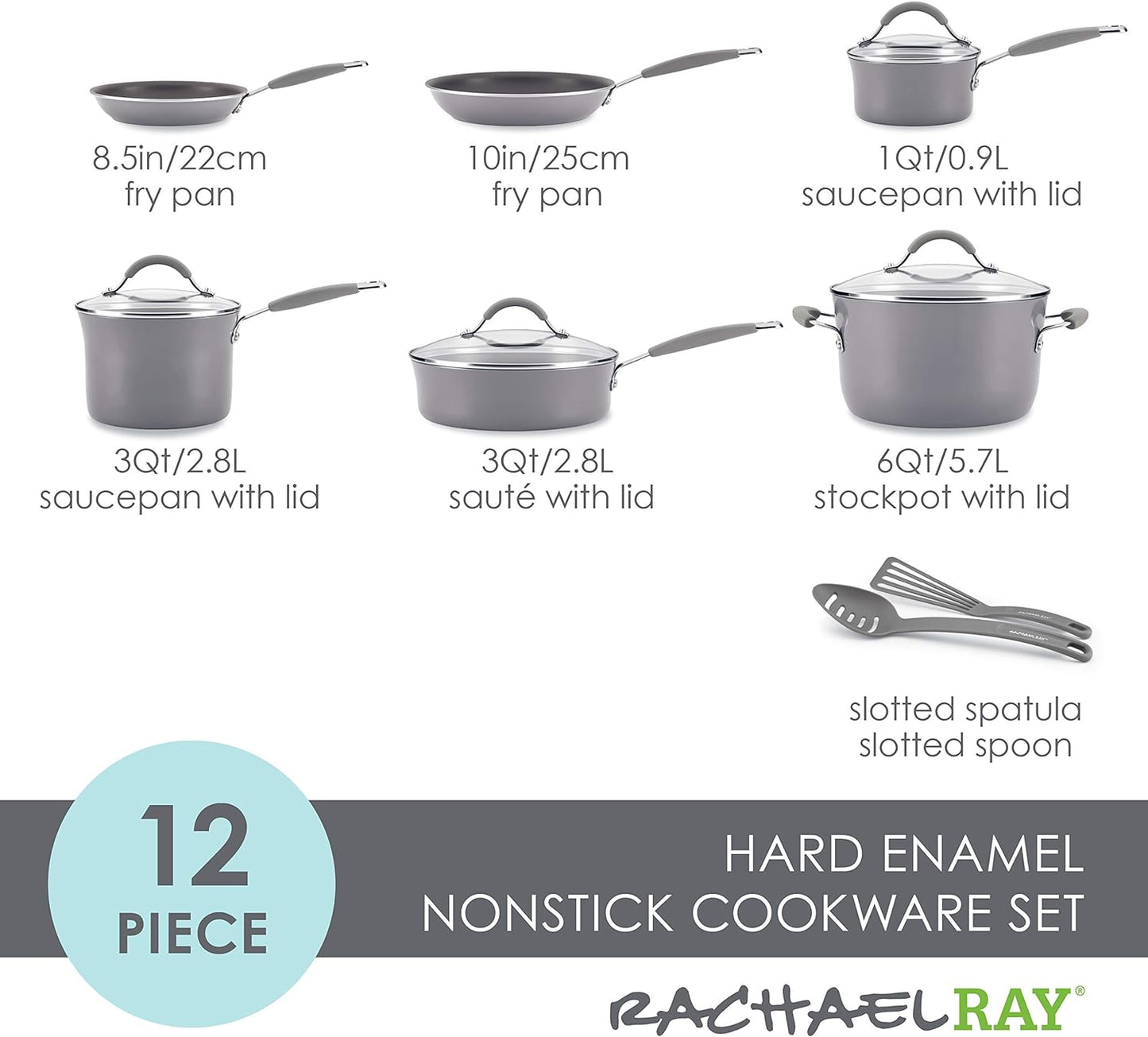 Rachael Ray - 16802 Rachael Ray Cucina Nonstick Cookware Pots and Pans Set, 12 Piece, Sea Salt Gray