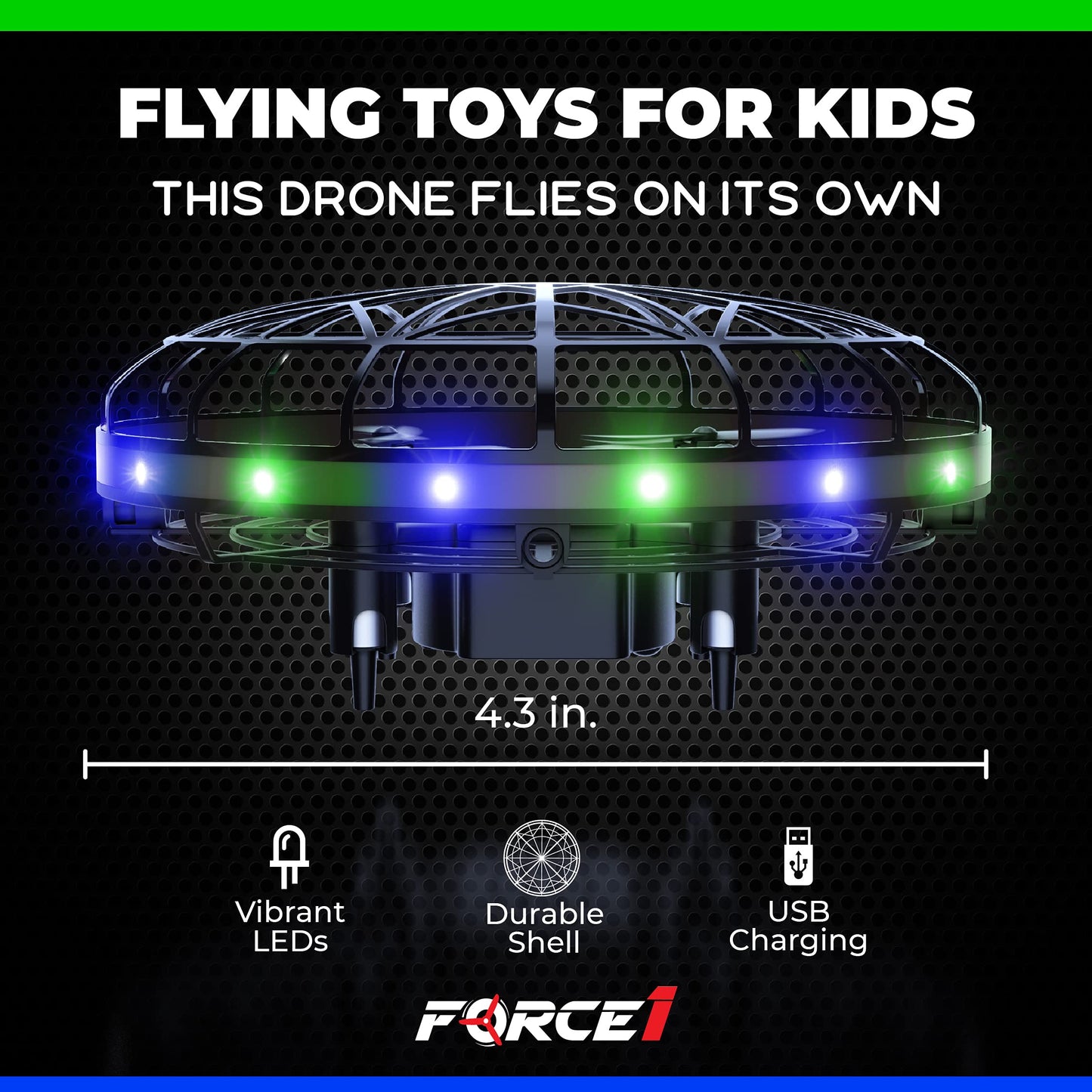 Force1 Scoot LED Hand Operated Drone for Kids or Adults - Hands Free Motion Sensor Mini Drone, Easy Indoor Small UFO Toy Flying Ball Drone Toy for Boys and Girls (Green/Blue)