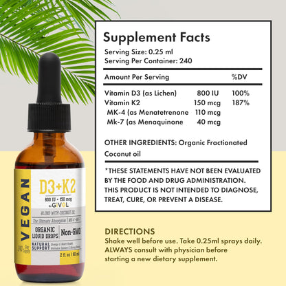 Vitamin D3 + K2 Liquid Drops (MK4 & MK7) Organic Fractionated Coconut Oil, Plant-Based, Gluten-Free, Dairy-Free, Soy-Free, Nut-Free - High Potency, Derived from Lichen & Natto, 2oz 240 Days Supply