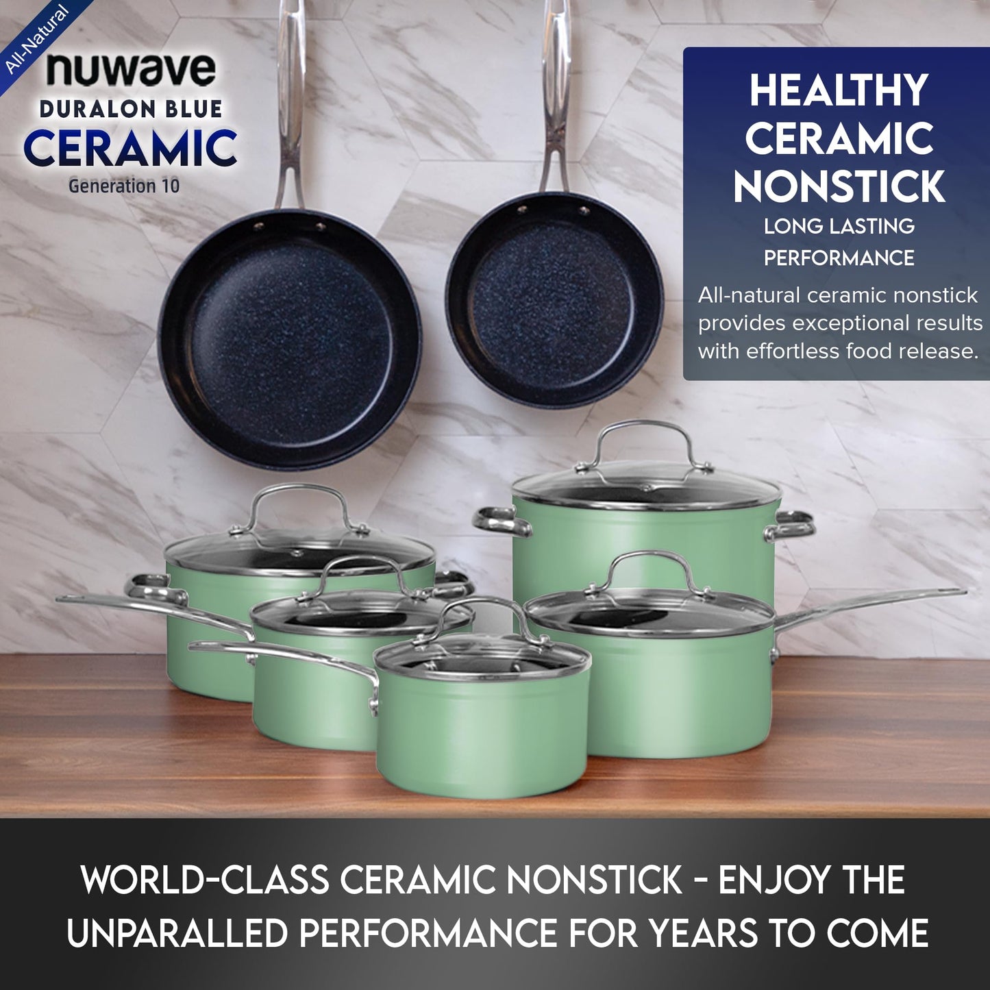 Nuwave Healthy Duralon Blue Ceramic Nonstick Cookware Set, Diamond Infused Scratch-Resistant, PFAS Free, Dishwasher & Oven Safe, Induction Ready & Evenly Heats,Tempered Glass Lids & Stay-Cool Handles