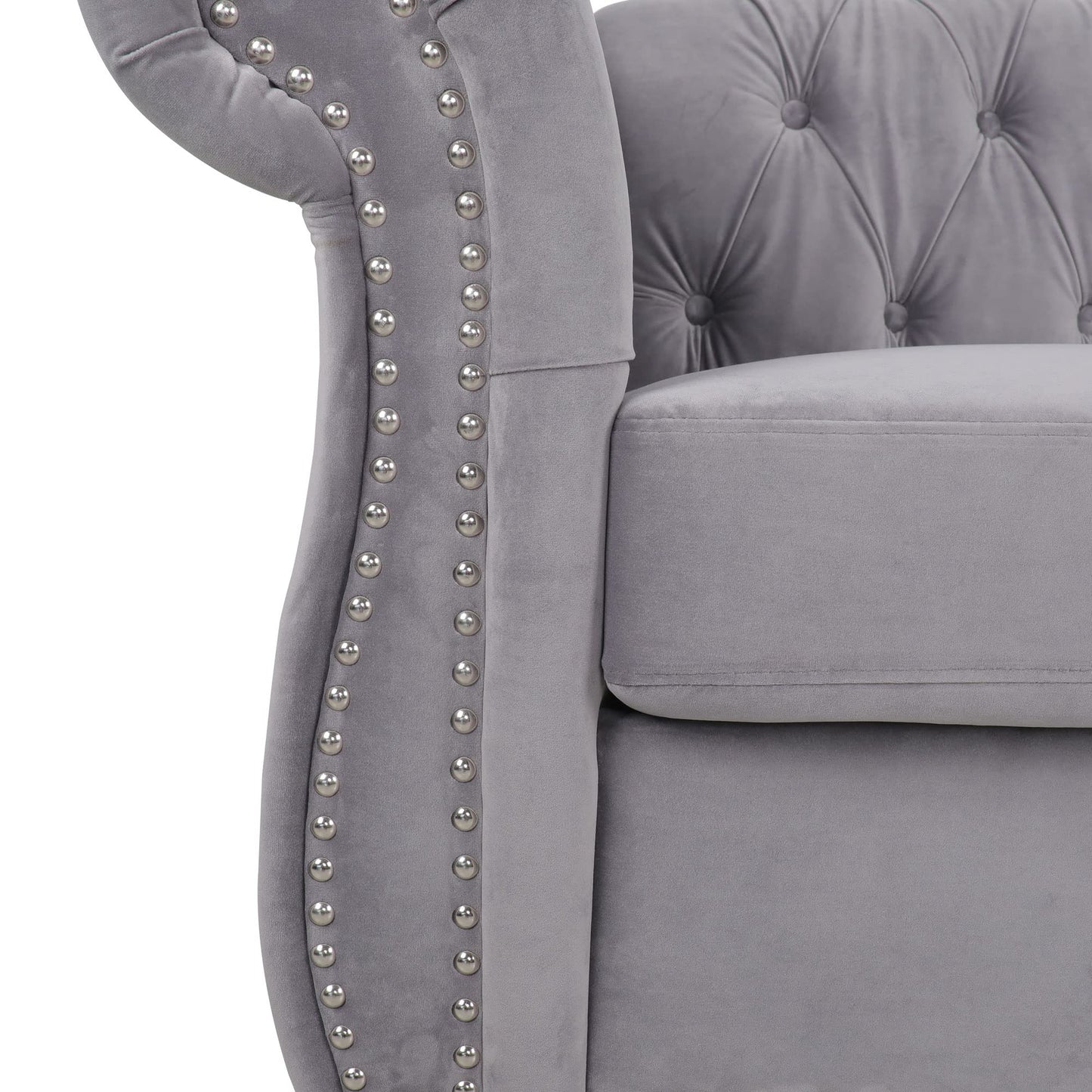 3 Piece Living Room Set, Chesterfield Velvet Sofa Loveseat Couch Chair with Scroll Arms and Nailhead for Living Room, Office (Grey, 1-2-3)