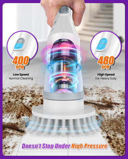 Electric Spin Scrubber, Cordless Cleaning Brush IPX7 Waterproof with 6 Replaceable Brush Heads, 2H Power Dual Speed, Shower Scrubber with Extension Handle for Bathroom Tub Tile Floor Car.