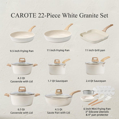 CAROTE 21Pcs Pots and Pans Set, Nonstick Cookware Sets, White Granite Induction Cookware Non Stick Cooking Set w/Frying Pans & Saucepans(PFOS, PFOA Free)