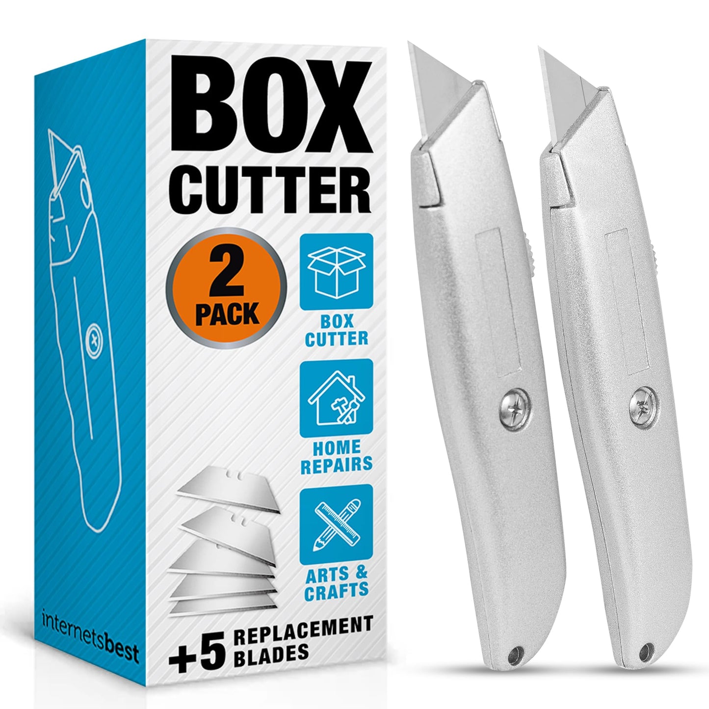 INTERNET'S BEST Premium Utility Knife Set | Retractable Box Cutter with Rubber Handle | Heavy-Duty Cutting for Cardboard, Carpet, Plastic | Retractable Blade | Includes 2 Razor Knives & Extra Blades