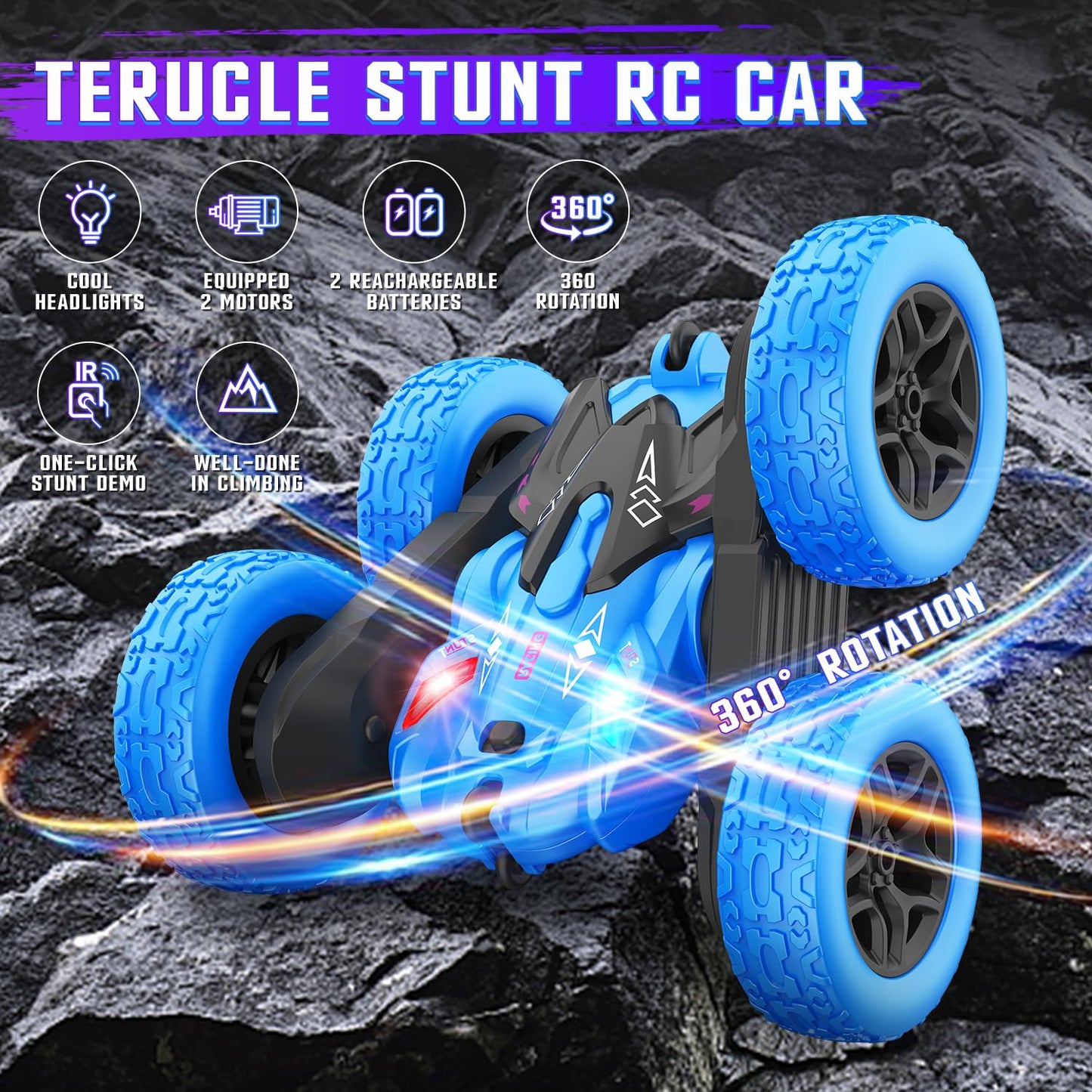 Remote Control Car, Rc Cars Stunt RC Car Toys New Upgraded Strip Lights and Headlights Car Toys Double-Sided 360° Rotating 4WD Rc Drift Truck for Boys Girls Birthday Gift (Blue)