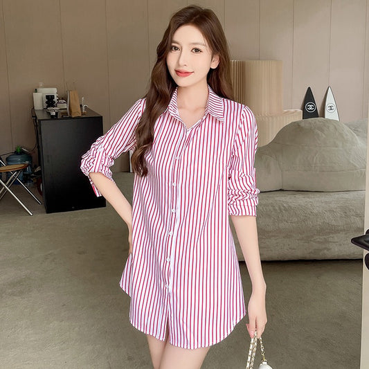 White shirt women's mid length  women's striped shirt sexy pajamas loose fitting spring and autumn