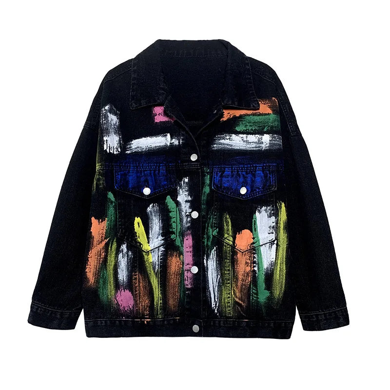 Fashion High Street Long Sleeve Hand-Painted Colour Denim Jackets Loose All-match Women Jeans Coat