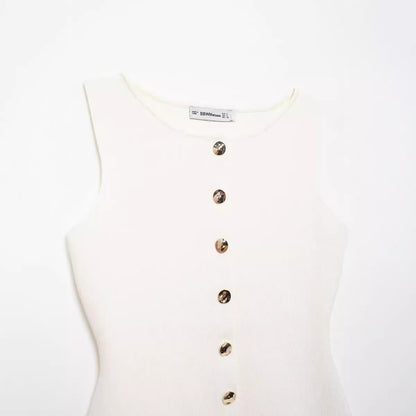 Golden button embellished flat needle vest