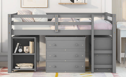 Low Study Full Loft Bed with Cabinet Shelves and Rolling Portable Desk Multiple Functions Bed- Gray