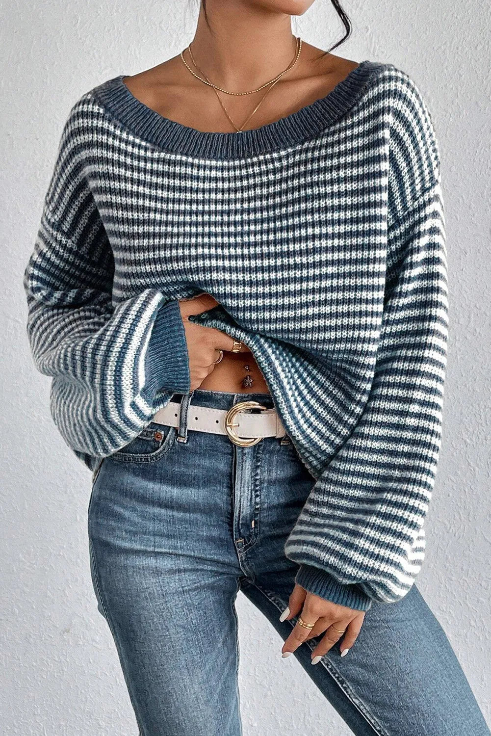 Striped Round Neck Dropped Shoulder Sweater