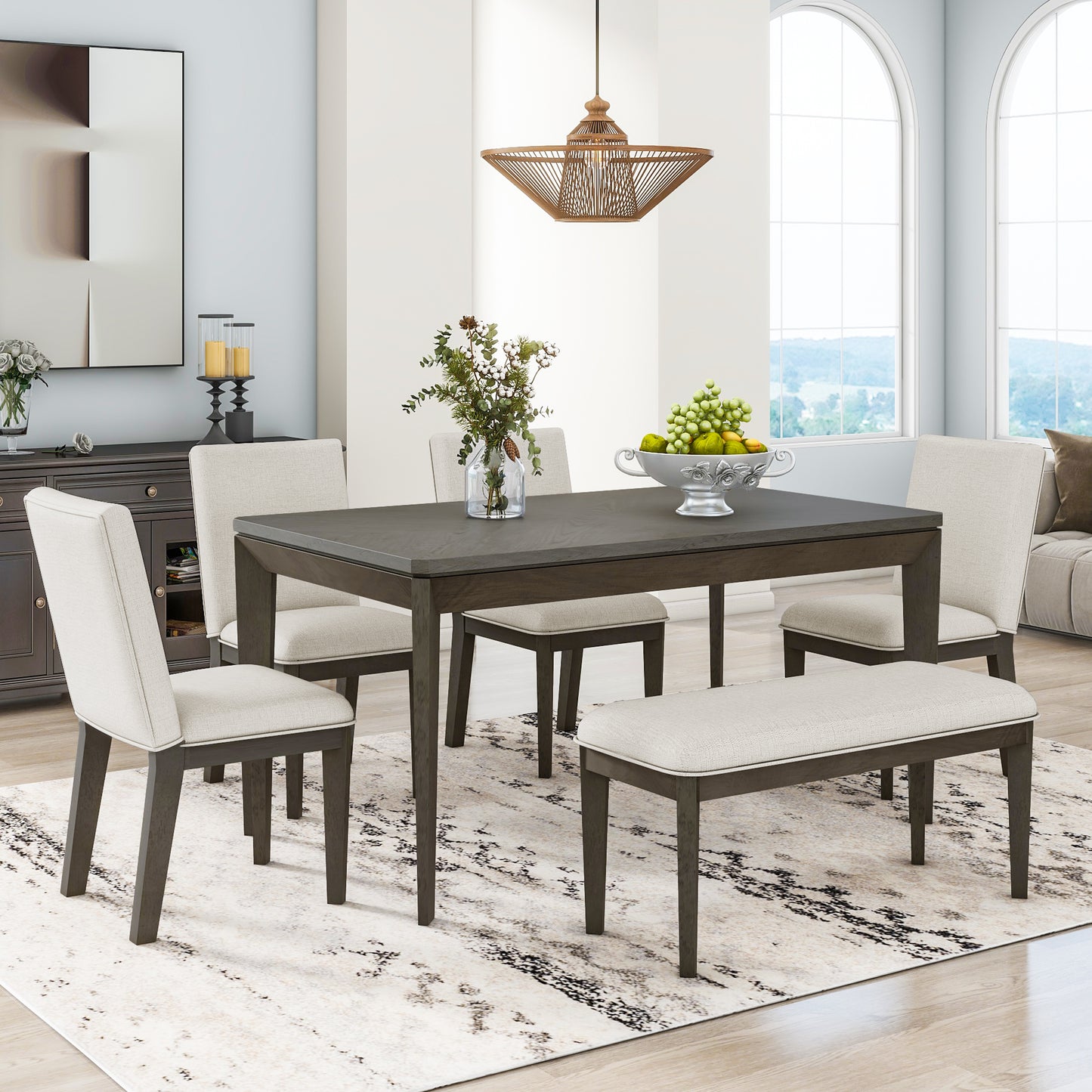 TOPMAX 6-Piece Dining Table Set with Upholstered Dining Chairs and Bench Farmhouse Style Tapered Legs Dark Gray+Beige