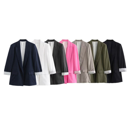 Fashionable and minimalist linen blended rolled sleeve suit jacket