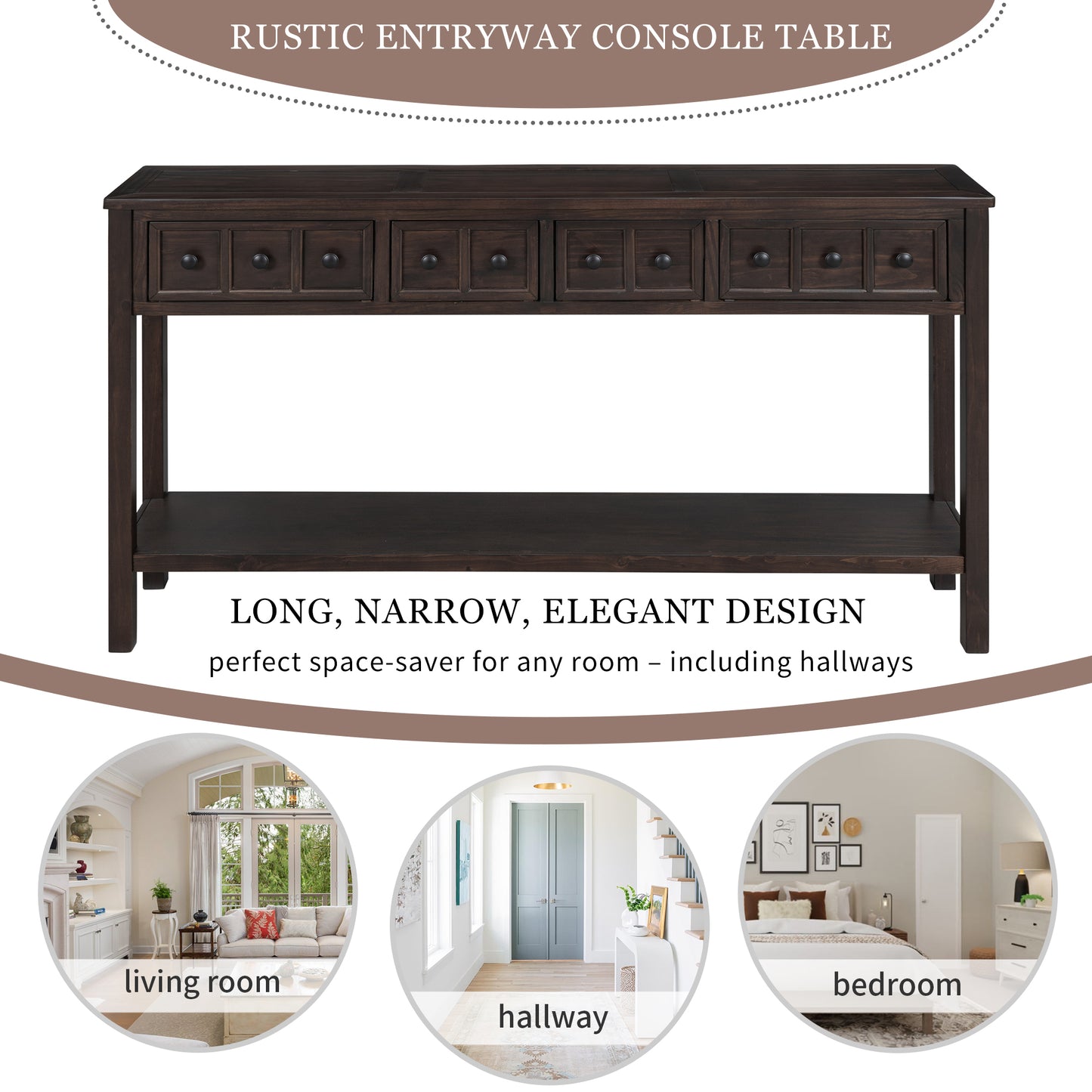 TREXM Rustic Entryway Console Table 60" Long Sofa Table with two Different Size Drawers and Bottom Shelf for Storage (Espresso)