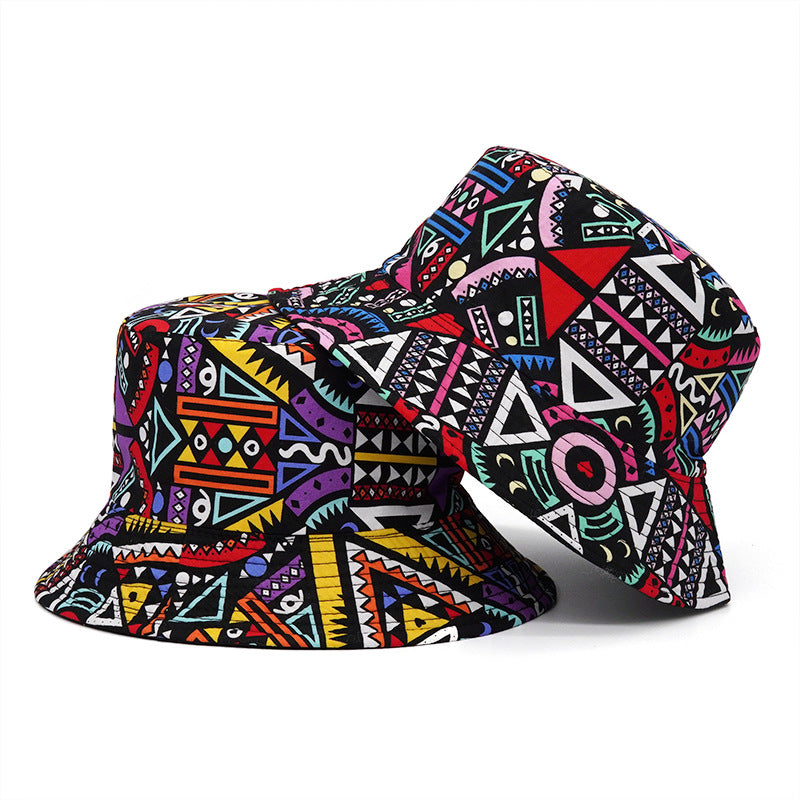 Fisherman Hat Women's Retro Ethnic Style Sun Hat Japanese Geometric Basin Hat Men's Outdoor Leisure Double-Sided Hat