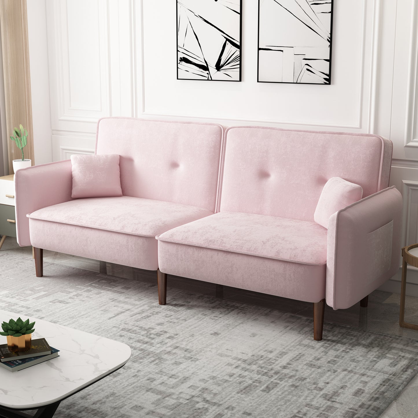 Convertible Sofa Bed with Wood Legs in Velvet(Pink)