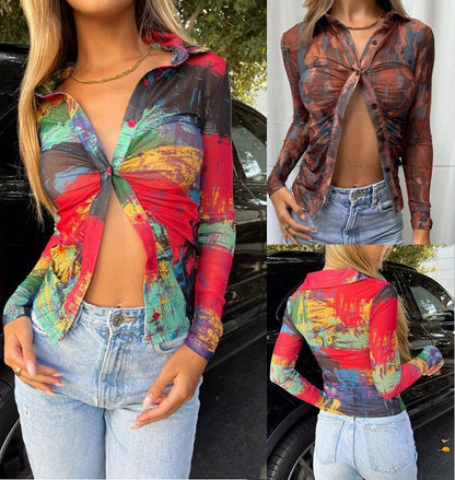 Slim fit display cardigan long sleeved oil painting printed lapel shirt for women