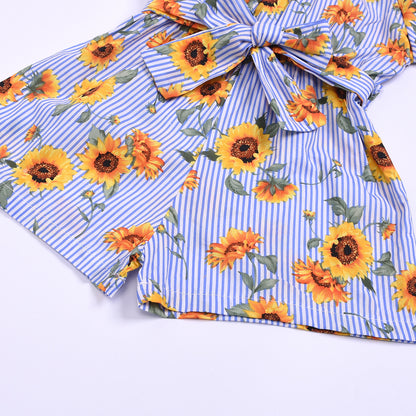 Spring Summer Baby Girls Rompers Baby Girl Clothes Floral Belt Three Quarter Cotton Jumpsuit