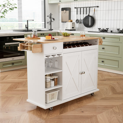 44 Inch Kitchen Island Cart with Solid Wood Top, Wine Storage, Spice Rack, Towel Rack, Wine Glass Holder White & Oak