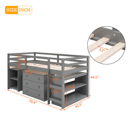 Low Study Twin Loft Bed with Cabinet and Rolling Portable Desk - Gray (OLD SKU :LP000113AAE)