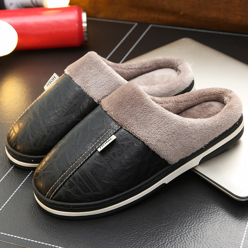 Cotton slippers in large size, winter waterproof home for couples, indoor anti slip and warm, men's external wear, women's soft soled PU leather slippers