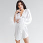 Nightgown Ostrich Feather Long Sleeve Pajamas Cardigan European and American Simulation Silk Black Bathrobe Women's Home Clothes