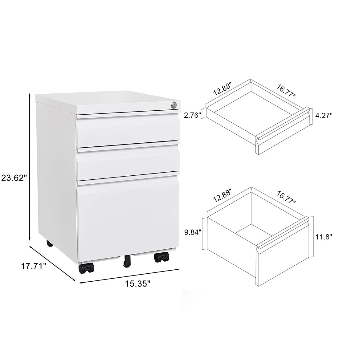 Locked three drawer storage mobile metal filing cabinet, pre assembled filing cabinet, except for wheels under the table (white)