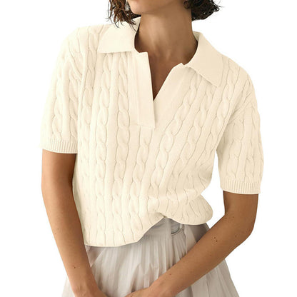 Women's Polo Collar Short-sleeved Sweater Women's Casual Knitted Sweater