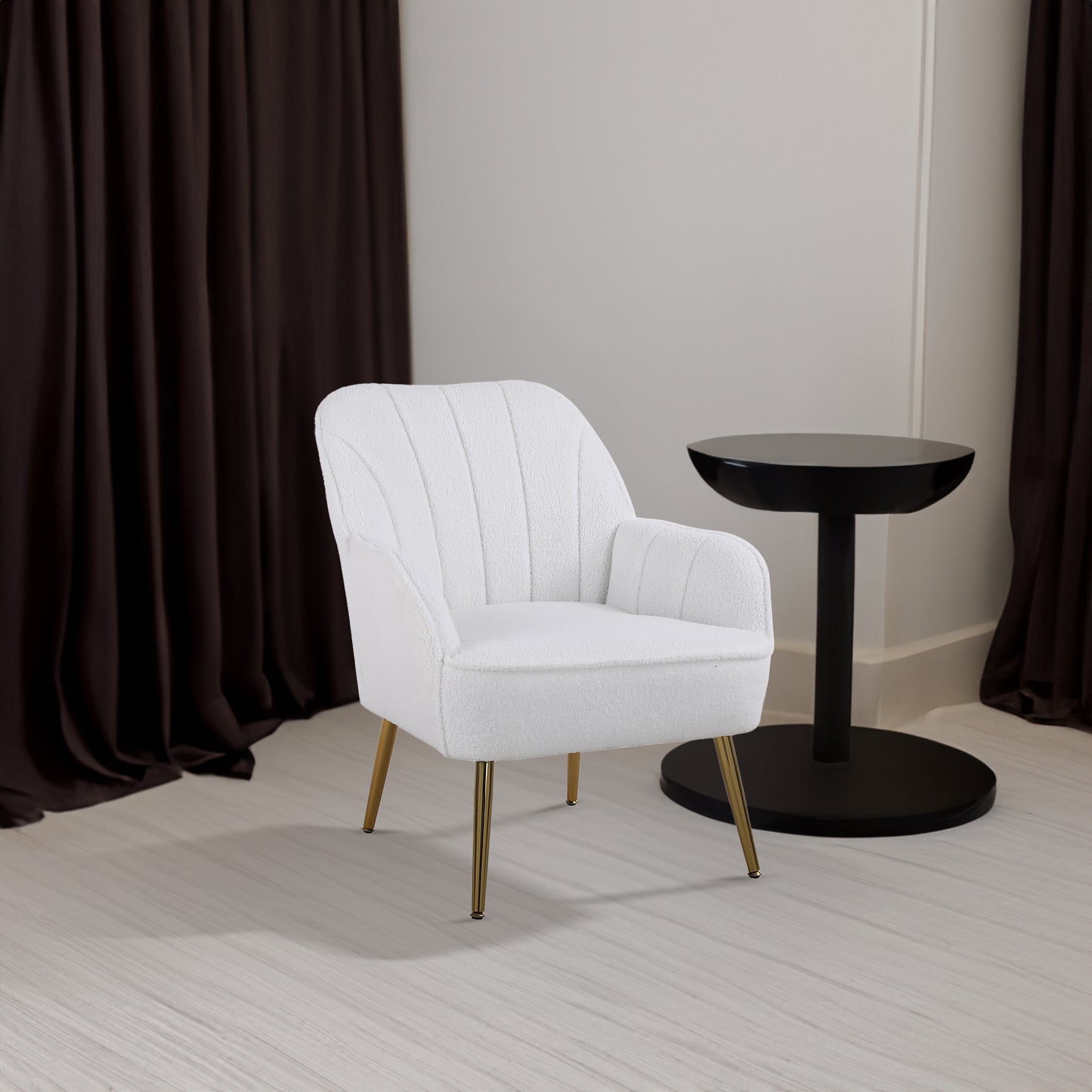 Modern soft white Teddy fabric ivory chair with ergonomic features featuring gold legs and adjustable legs