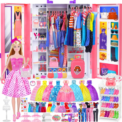 87 Pcs Doll Clothes and Accessories with Doll, Princess Gowns, Fashion Dresses, Slip Dresses, Top, Pants, Jumpsuit, Swimsuits, Shoes, Hangers, Doll Dress up Toys for Girls Kids Toddlers Toy Gifts