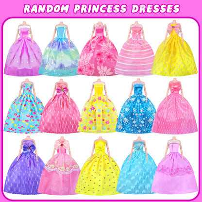 87 Pcs Doll Clothes and Accessories with Doll, Princess Gowns, Fashion Dresses, Slip Dresses, Top, Pants, Jumpsuit, Swimsuits, Shoes, Hangers, Doll Dress up Toys for Girls Kids Toddlers Toy Gifts