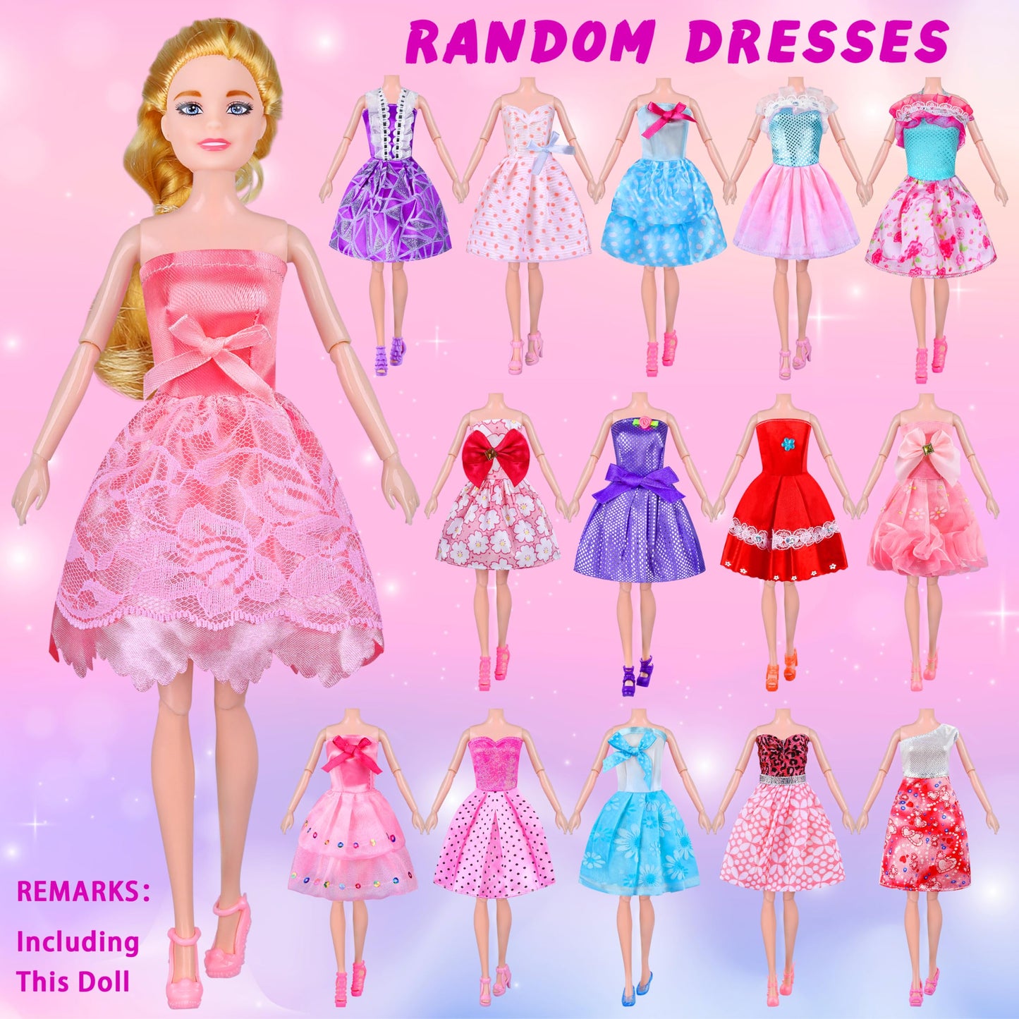 87 Pcs Doll Clothes and Accessories with Doll, Princess Gowns, Fashion Dresses, Slip Dresses, Top, Pants, Jumpsuit, Swimsuits, Shoes, Hangers, Doll Dress up Toys for Girls Kids Toddlers Toy Gifts