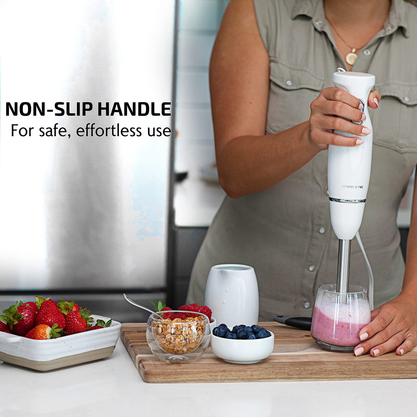 OVENTE Electric Immersion Hand Blender 300 Watt 2 Mixing Speed with Stainless Steel Blades, Powerful Portable Easy Control Grip Stick Mixer Perfect for Smoothies, Puree Baby Food & Soup, Black HS560B