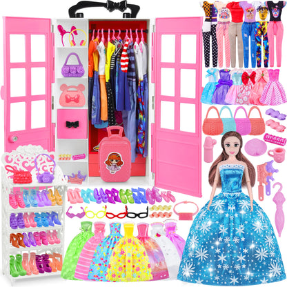 87 Pcs Doll Clothes and Accessories with Doll, Princess Gowns, Fashion Dresses, Slip Dresses, Top, Pants, Jumpsuit, Swimsuits, Shoes, Hangers, Doll Dress up Toys for Girls Kids Toddlers Toy Gifts