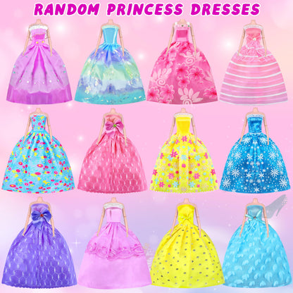 87 Pcs Doll Clothes and Accessories with Doll, Princess Gowns, Fashion Dresses, Slip Dresses, Top, Pants, Jumpsuit, Swimsuits, Shoes, Hangers, Doll Dress up Toys for Girls Kids Toddlers Toy Gifts