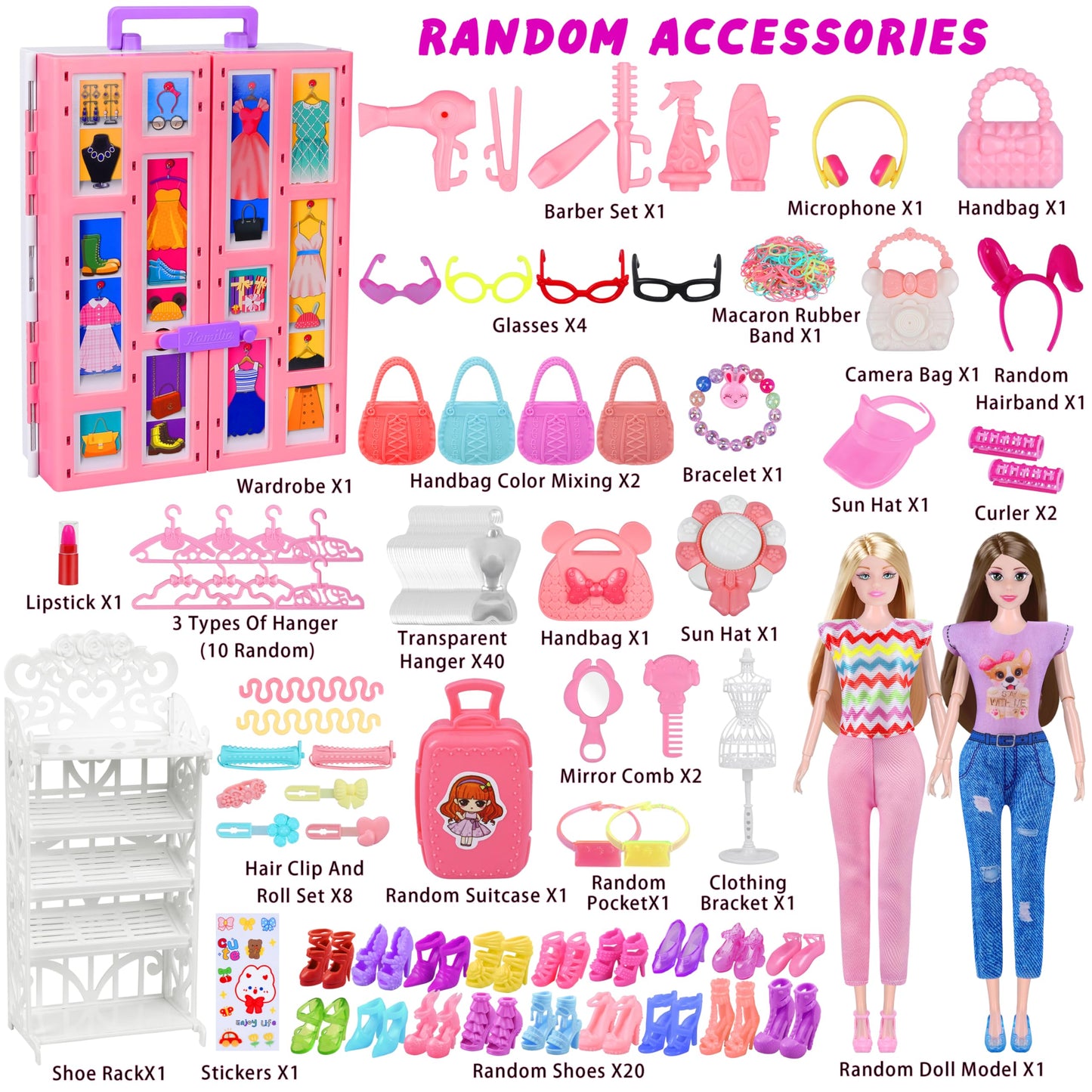 87 Pcs Doll Clothes and Accessories with Doll, Princess Gowns, Fashion Dresses, Slip Dresses, Top, Pants, Jumpsuit, Swimsuits, Shoes, Hangers, Doll Dress up Toys for Girls Kids Toddlers Toy Gifts