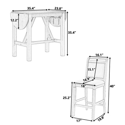 TOPMAX 3-Piece Wood Counter Height Drop Leaf Dining Table Set with 2 Upholstered Dining Chairs for Small Place, Brown