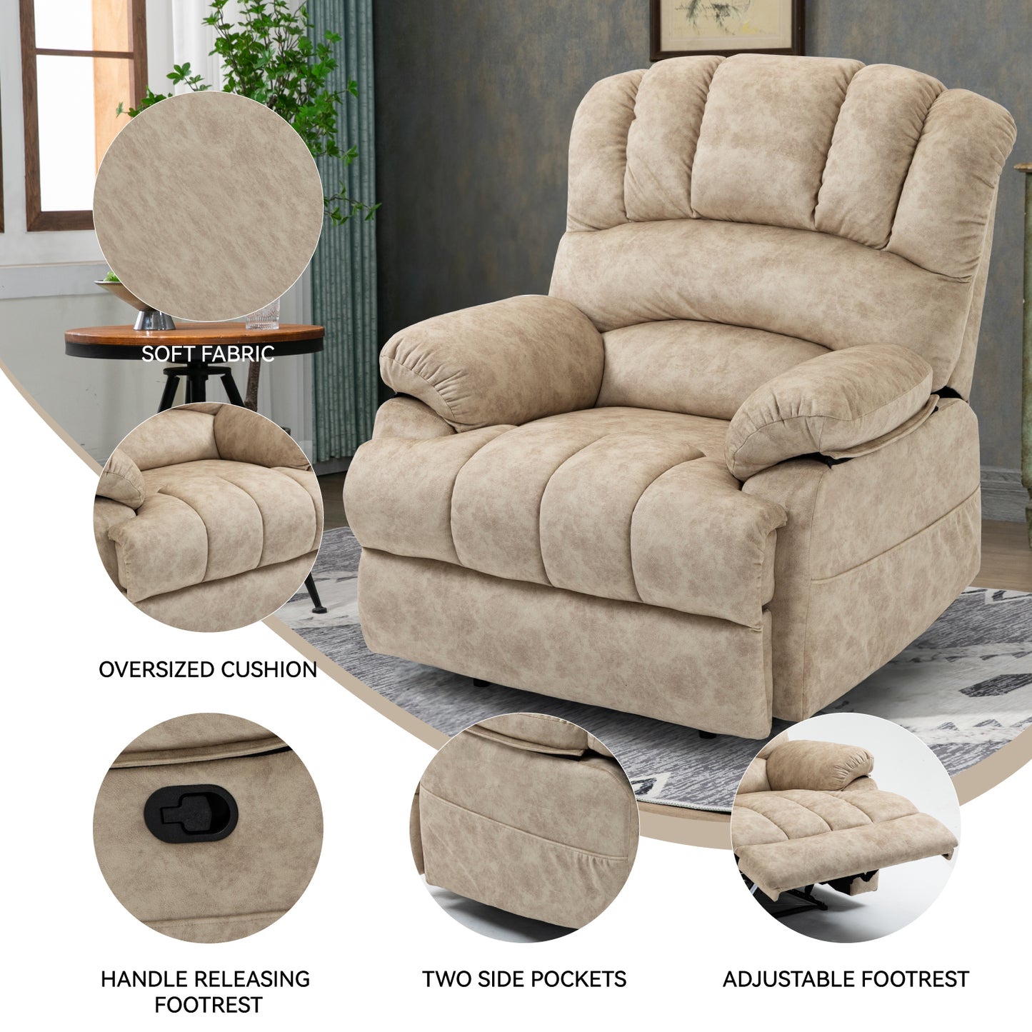 Large Manual Recliner Chair in Fabric for Living Room, Beige