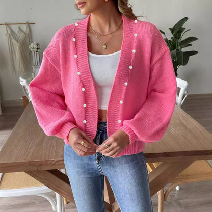 Women's Short Pearl Beaded Cardigan Loose Buckle-free Sweater Coat