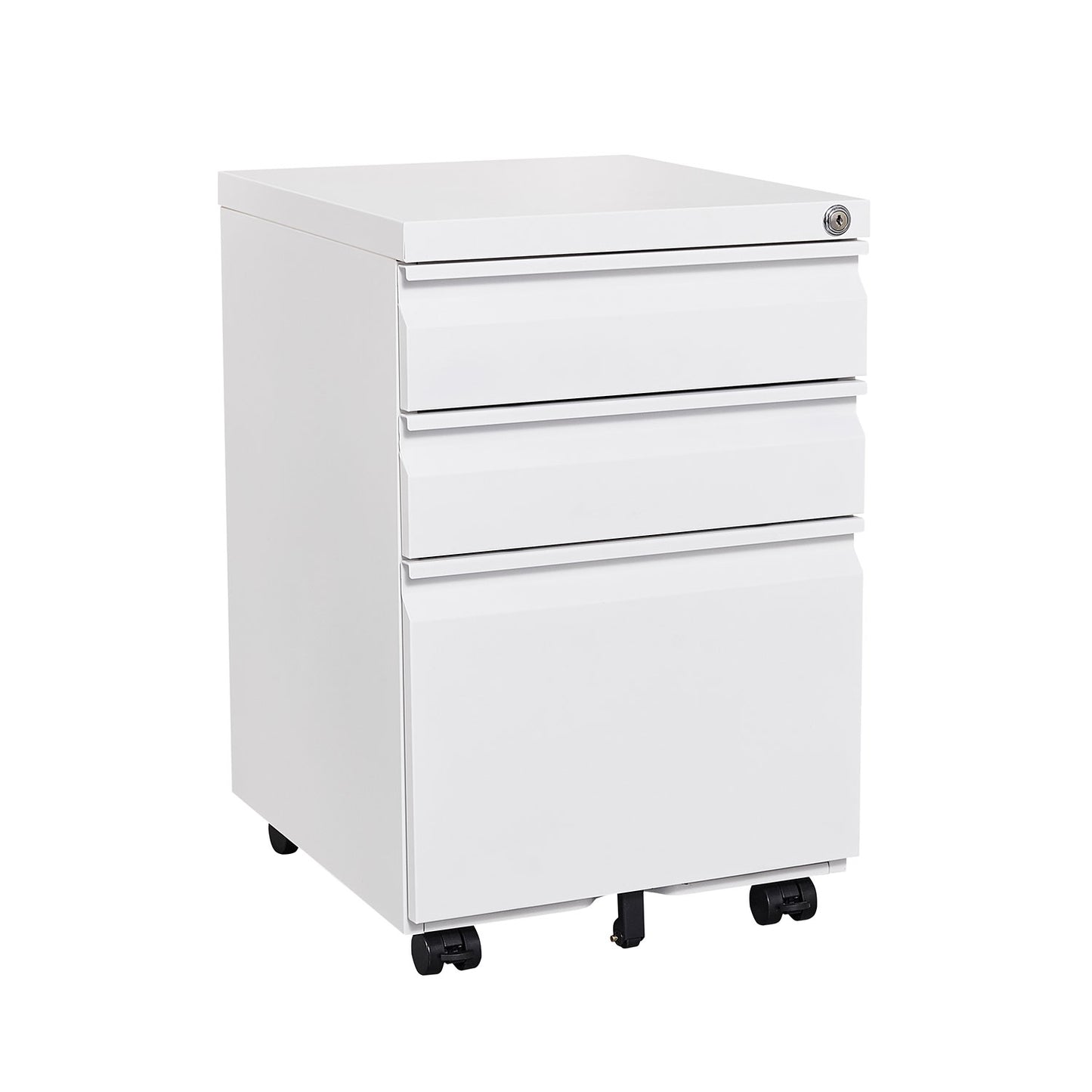 Locked three drawer storage mobile metal filing cabinet, pre assembled filing cabinet, except for wheels under the table (white)