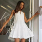 Vacation short skirt lace patchwork stand up collar button up large hem dress