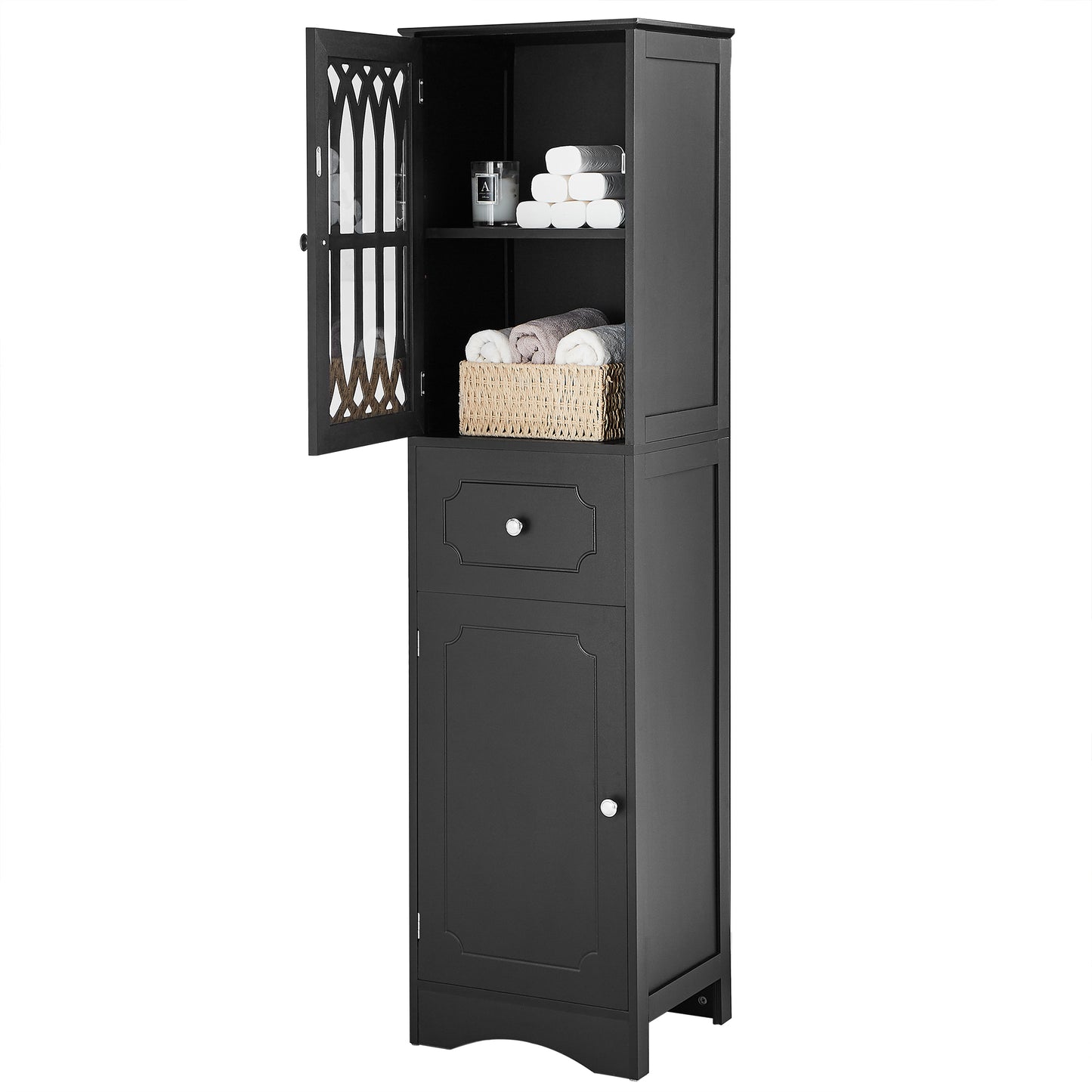 Tall Bathroom Cabinet, Freestanding Storage Cabinet with Drawer and Doors, MDF Board, Acrylic Door, Adjustable Shelf, Black