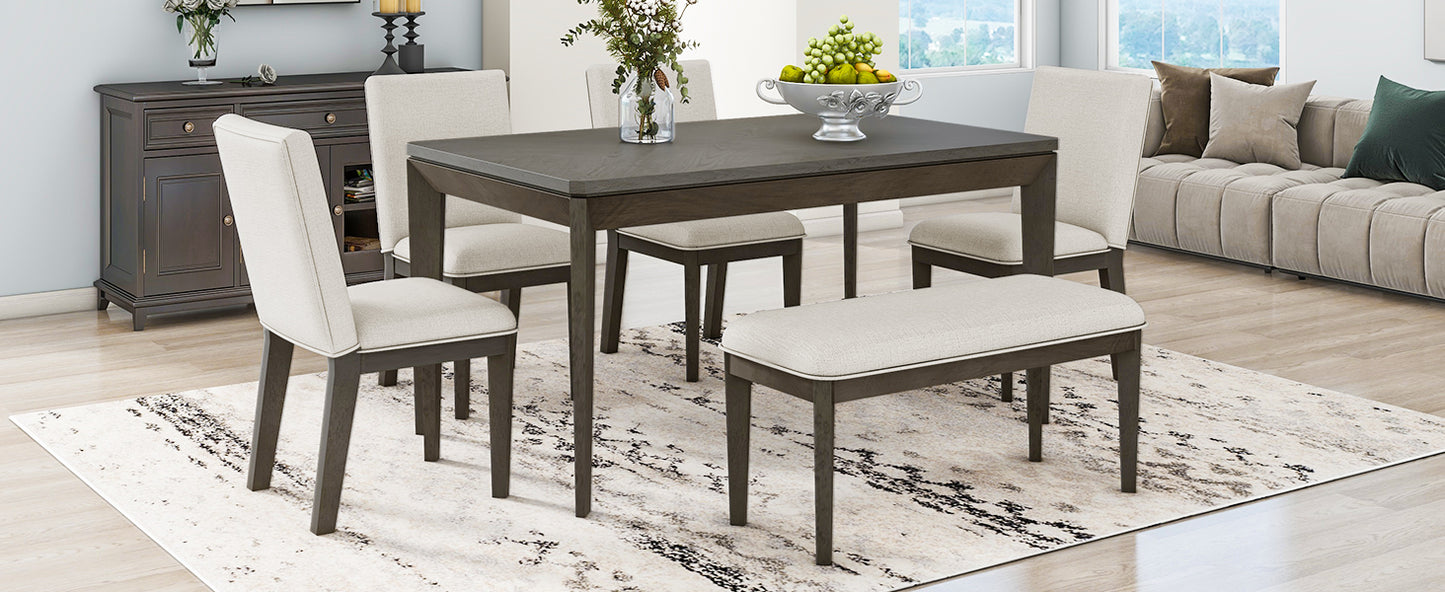 TOPMAX 6-Piece Dining Table Set with Upholstered Dining Chairs and Bench Farmhouse Style Tapered Legs Dark Gray+Beige