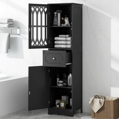 Tall Bathroom Cabinet, Freestanding Storage Cabinet with Drawer and Doors, MDF Board, Acrylic Door, Adjustable Shelf, Black