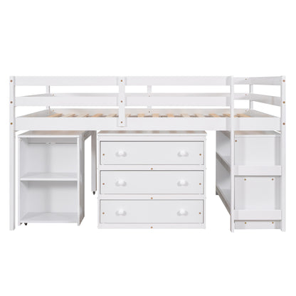 Low Study Full Loft Bed with Cabinet Shelves and Rolling Portable Desk Multiple Functions Bed- White