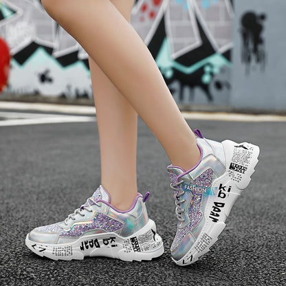 2021 NEW Chunky Sneakers Platform Spring Shoes Sequined Casual Bling Female Red Dames Dad Shoe